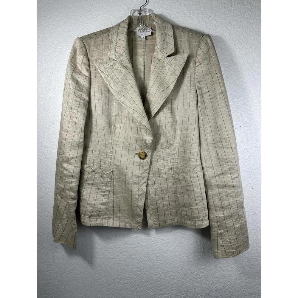 Armani Collezioni Women’s Blazer Beige Linen Blend Pinstripe Italy Sz 8